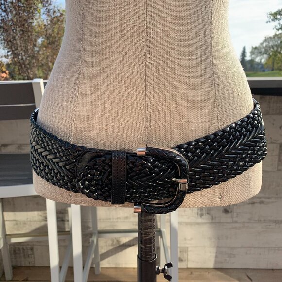 Black Braided Faux Leather Elastic Back Wide Statement Cinch Belt - Picture 1 of 10